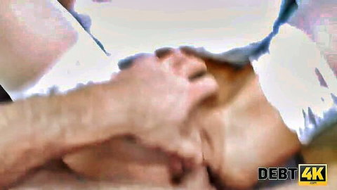 Sexy bride in white dress groped by debt collector hands on chest