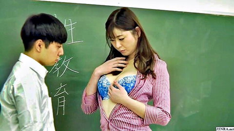 Yurika Aoi in open pink blouse revealing blue bra in JAV classroom tease