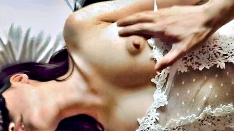 Cute Asian woman in white lace lingerie exposing breast during intimate grope