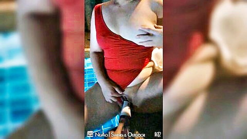 Amateur Thai wife pulls red swimsuit aside to fuck shaved pussy with dildo by pool