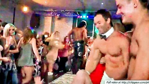 Topless babes grinding on muscular shirtless studs in wild crowded club party dance