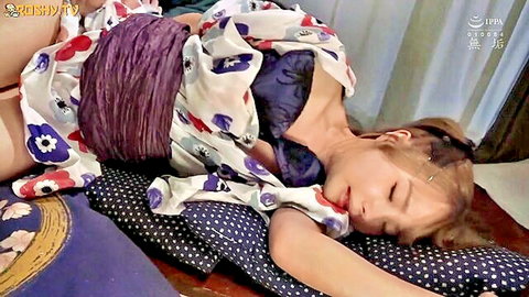 Petite Japanese teen with small tits exposed lying asleep in disheveled kimono