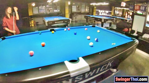 Lily Koh, big booty Thai babe in red outfit playing pool teasingly