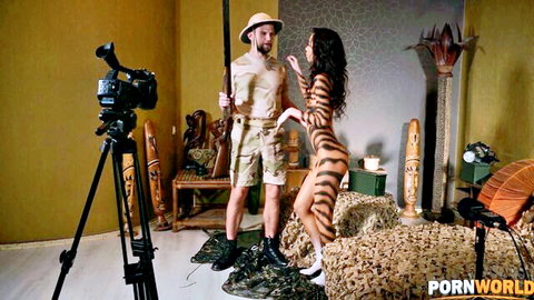 Lia Lin as tempting tigress in tiger bodysuit bends over for doggystyle