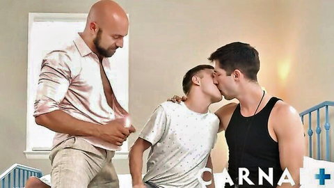 Adam Snow and Noah White kiss as Eddie Patrick watches in Carnal Plus threesome