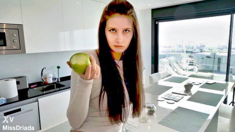 Urakadaki teases with green apple in tight top, long hair beauty ready for stepdad action