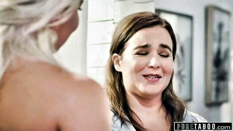 Emotional brunette MILF tearfully smiles at nude blonde back in taboo bedroom encounter