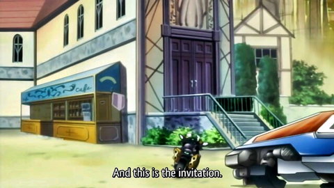 Anime hentai scene of cafe exterior with motorcycle and invitation text