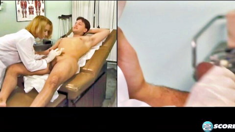Blonde nurse in white uniform gropes naked patient's exposed cock and balls on exam table