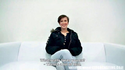 Big breasted Nikola in Czech Casting interview, smiling in black jacket