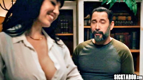 Mature Asian cougar in white blouse with deep cleavage seducing bearded man