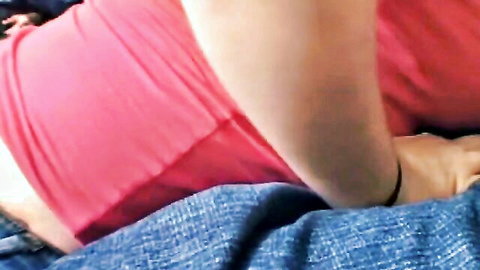 Sexy girl in pink dress blows huge cock while straight guy jerks off nearby