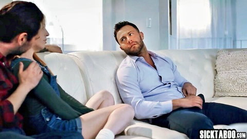 Teen in overalls touches stepdad while teacher watches seductively