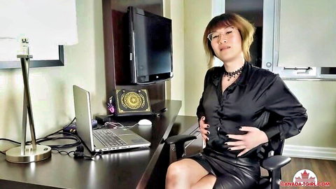 Creamy Eclaire, sexy Asian TGIRL in silk blouse and leather skirt
