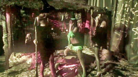 Sexy witches in lingerie and fishnets posing in group at strip club party