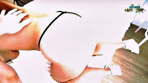 Asian woman in white lingerie and gloves poses seductively for debt payment