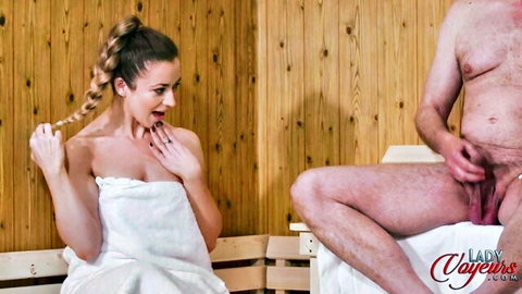 Peach Domina in towel shocked as older man jerks off beside her