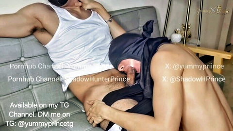 Blindfolded Asian sub sucks Foreman's cock with nipple play fun