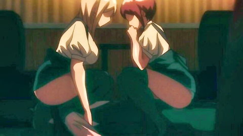 Busty anime waitresses in uniforms teasing for double blowjob and titty fuck