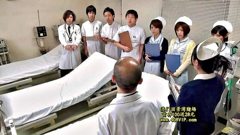Japanese nurses in white uniforms surrounding bald doctor in hospital JAV scene