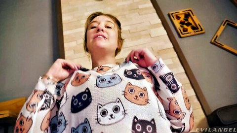 Proxy Paige teases with cat sweater lift in Evil Angel solo scene