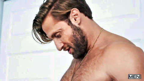 Dom King shirtless profile, bearded muscular man seducing in gay video thumbnail