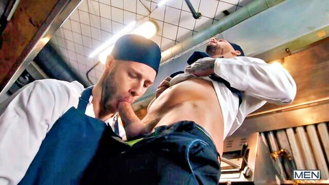 Parker Savage gives Arno Antino oral in steamy kitchen chef hookup
