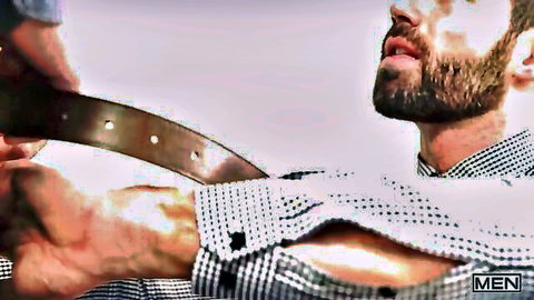 Dani Robles and Logan Moore in gay oral tease with belt domination