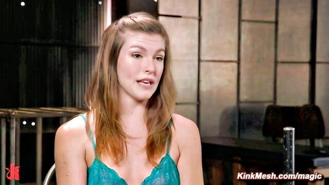 Blindfolded blonde slave in green lace lingerie gets anal plugged