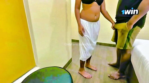 Sri Lankan Tharudini in black bra and white pants with man exposing cock