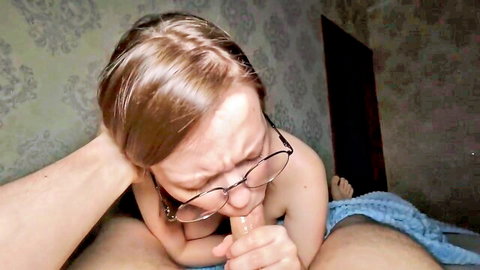 Blonde glasses girl deepthroating cock with hair pulled in hot oral