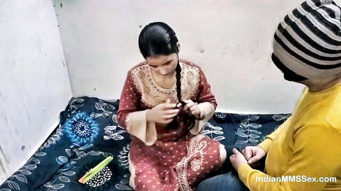 Indian Desi Shabnam in red salwar with Khan Baba, intimate couple moment