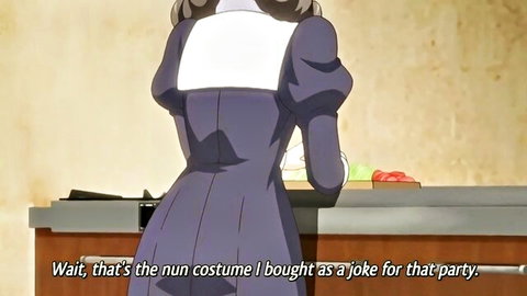 Petite anime landlady in sexy nun costume from behind, teasing view
