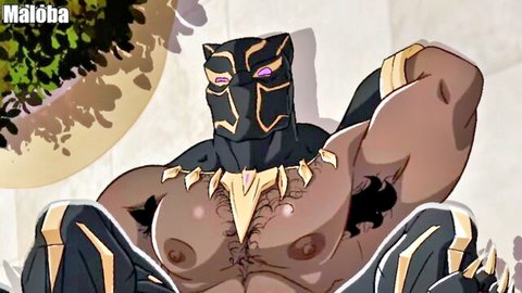 Muscular Black Panther in revealing superhero suit, Wolverine crossover adult fantasy