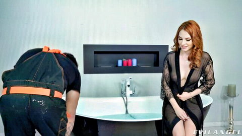 Redhead in sheer black robe spreads for repairman in bathroom gape scene