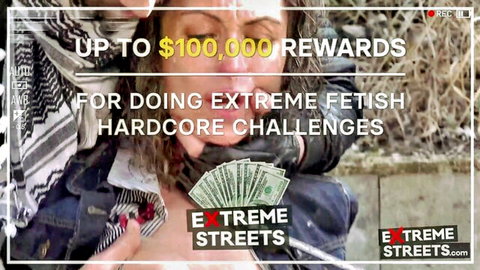 Promotional banner for up to $100k rewards in extreme fetish hardcore challenges with cash stacks and woman holding money