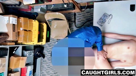 Blue uniform woman gropes naked man's exposed cock in office storage