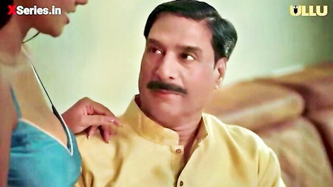 Indian woman in blue lingerie seducing mature man in kurta