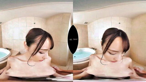 Asian beauty topless in steamy bathtub, wet hair and seductive gaze