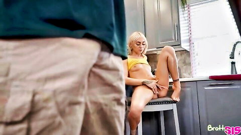 Blonde teen masturbates on stool in semi-public spot