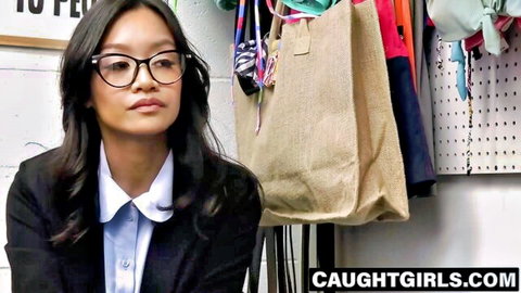 Petite Asian Jade Kimiko in glasses and blazer, caught in dressing room