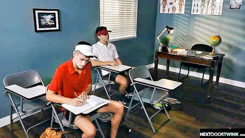 Trevor Harris as cocky tennis jock with rival twink in classroom tease