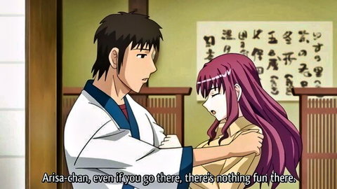 Hentai scene: Sad purple-haired Arisa-chan hugged by employee in white shirt