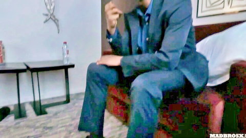 Suited man in hotel room, ready for amateur anal action