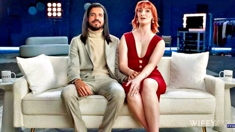 Queen Mirage in red dress with James on couch, Married MILF BBC tease