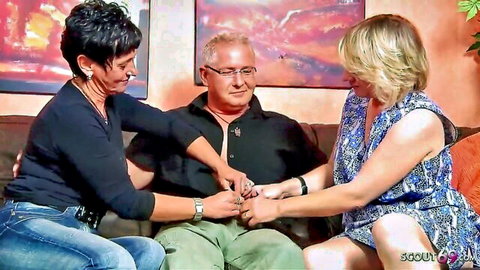 German mature wife and maid in intimate FFM threesome tease with husband