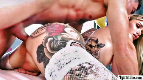 Muscular stud passionately kisses and gropes tattooed blonde's juicy bare ass in white lace lingerie