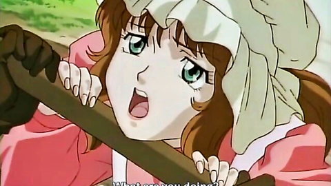 Hentai anime maid gripping thick wooden pole with gloved hands and wide open excited mouth