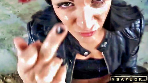 Brunette in leather jacket with facial cumshot, cumplay close-up