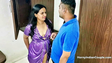 Desi Indian couple in purple lingerie morning foreplay tease
